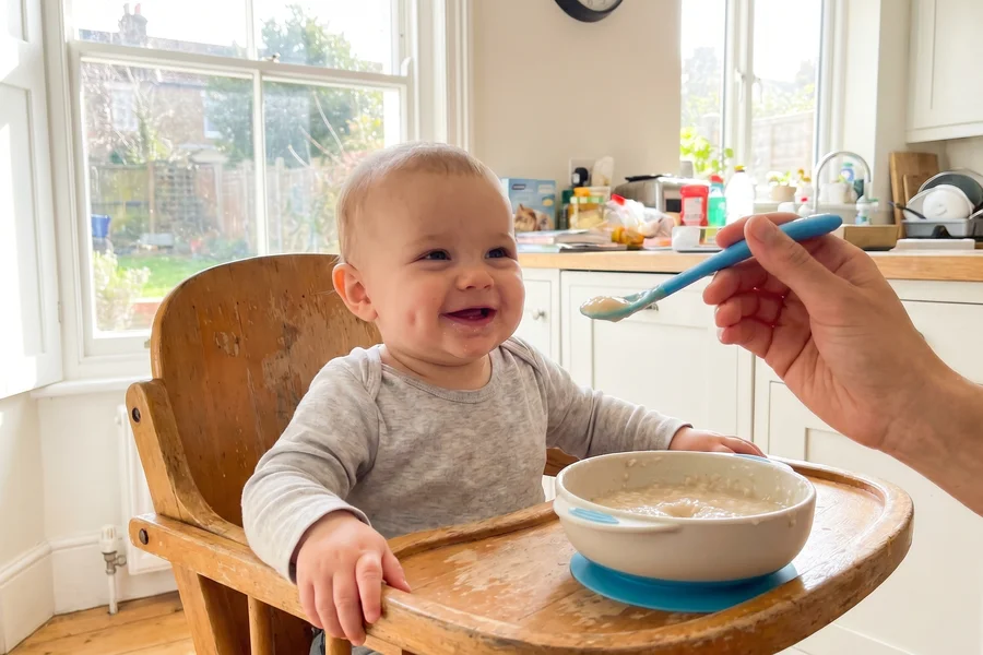 Baby-led weaning with bone marrow — parent offering bone marrow to baby in high chair
