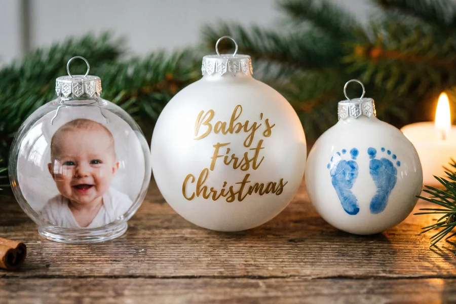 Christmas bauble baby's first christmas — personalised glass, photo and handprint bauble options