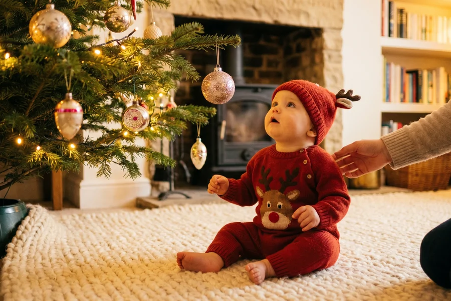 Baby's first christmas bauble on tree — baby reaching for personalised bauble in living room