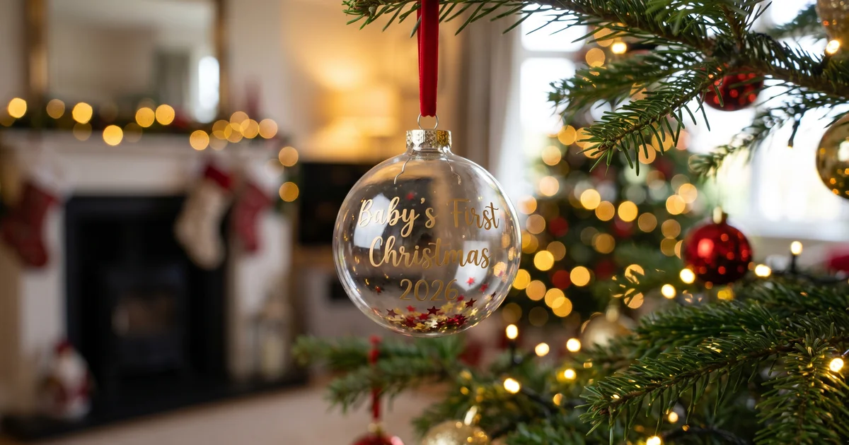 Christmas bauble baby's first christmas 2026 — personalised glass bauble on decorated tree