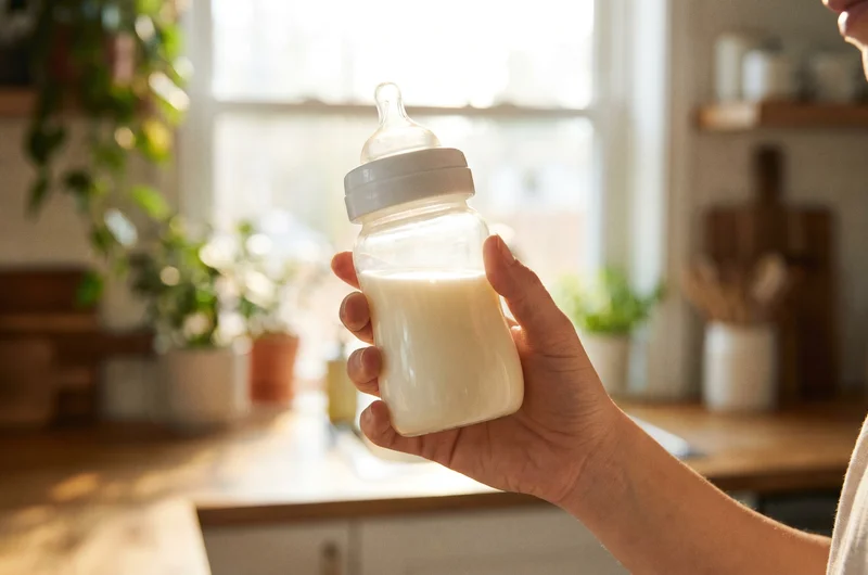 Glass baby bottle UK — checking milk in borosilicate glass bottle before feeding