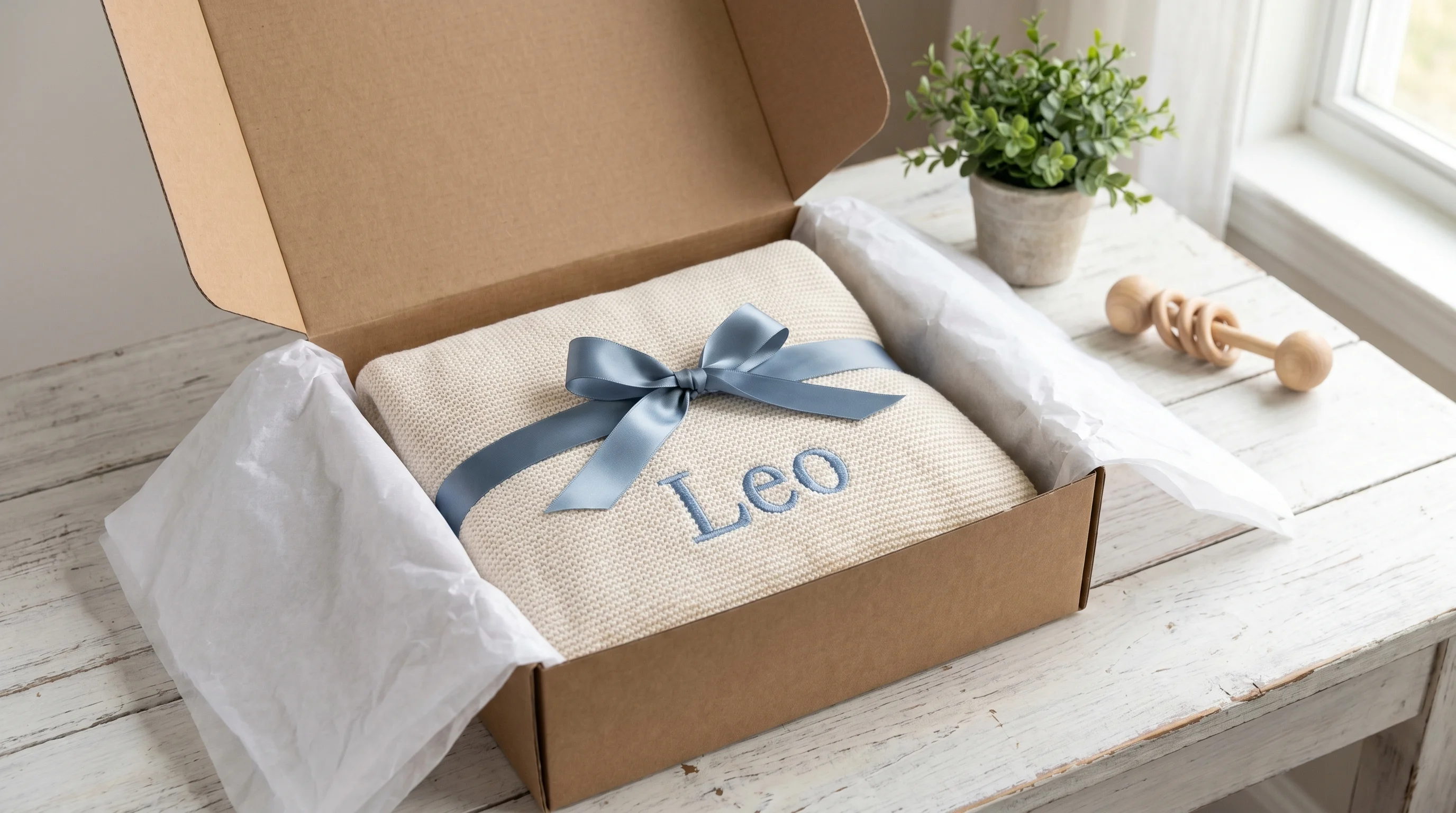 Personalised baby blanket tied with ribbon in gift box with tissue paper — perfect baby shower present
