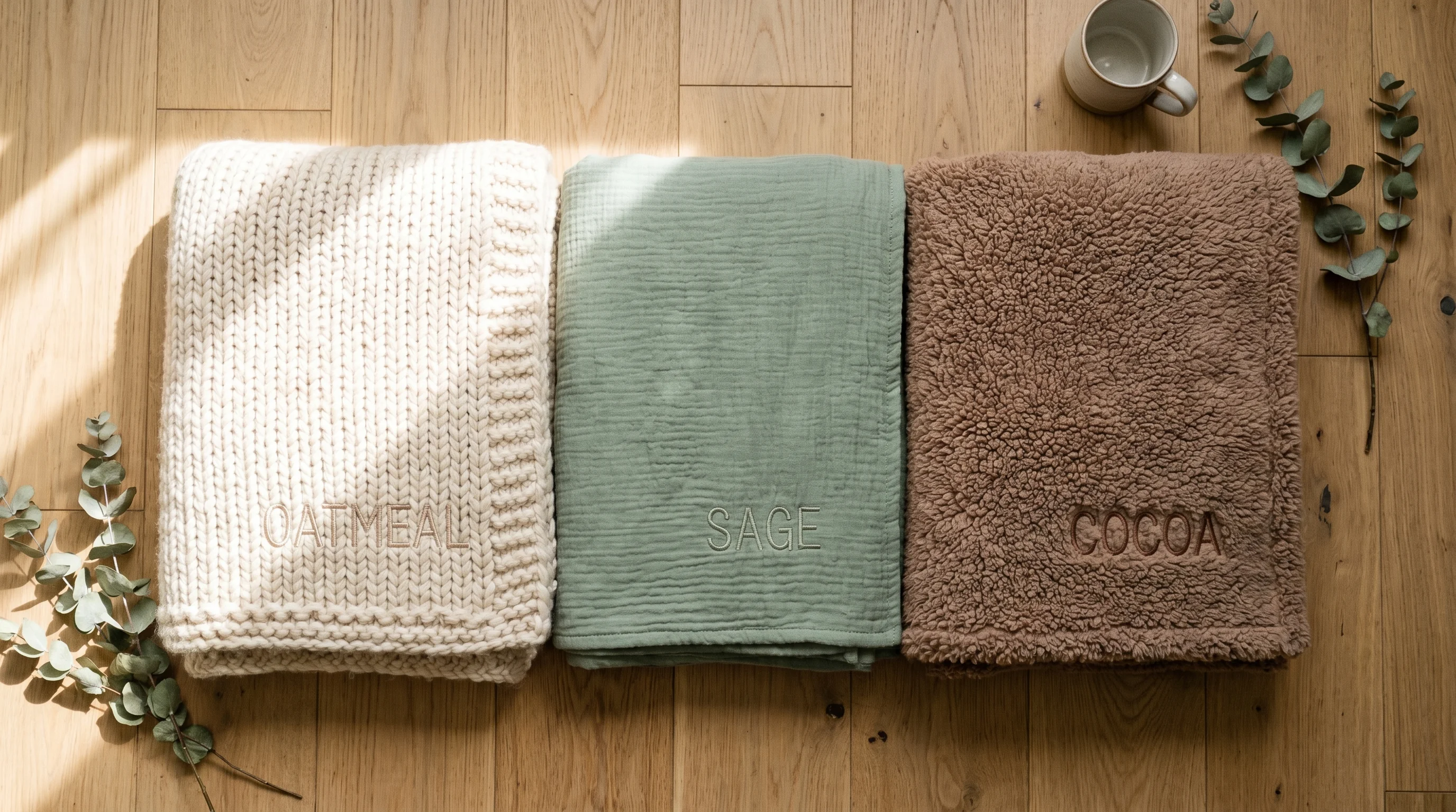 Three personalised baby blanket types side by side — knitted, muslin and sherpa each with embroidered name