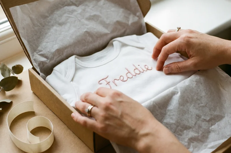 Personalised baby grow gift unboxing — name embroidered on white cotton in soft blush thread