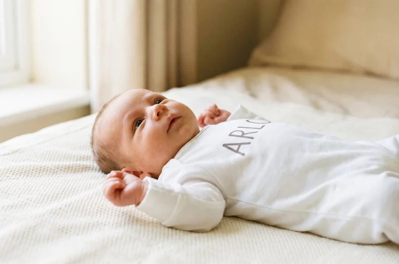 Newborn baby wearing a personalised baby grow with their name printed on white cotton