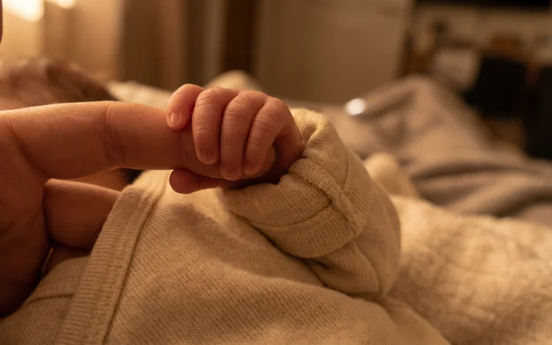 Preemie baby clothes NICU — tiny baby hand gripping parent's finger with wrap vest visible