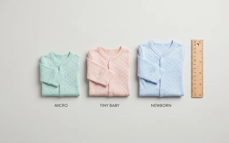 Preemie baby clothes sizes UK — three tiny sleepsuits arranged by size with ruler for scale