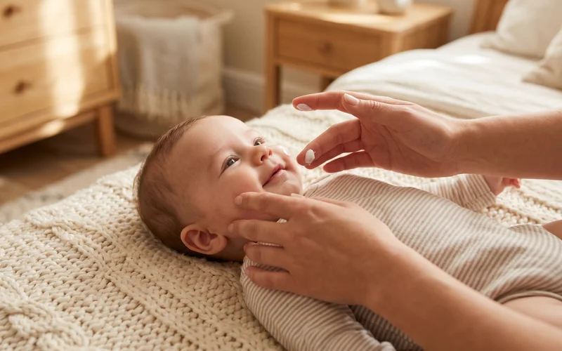 Applying Sebamed baby facial cream to a baby's cheek — gentle daily skincare routine UK