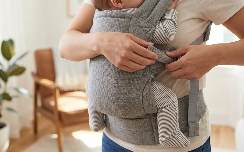 Tula baby carrier with newborn — baby supported in ergonomic position against parent's chest