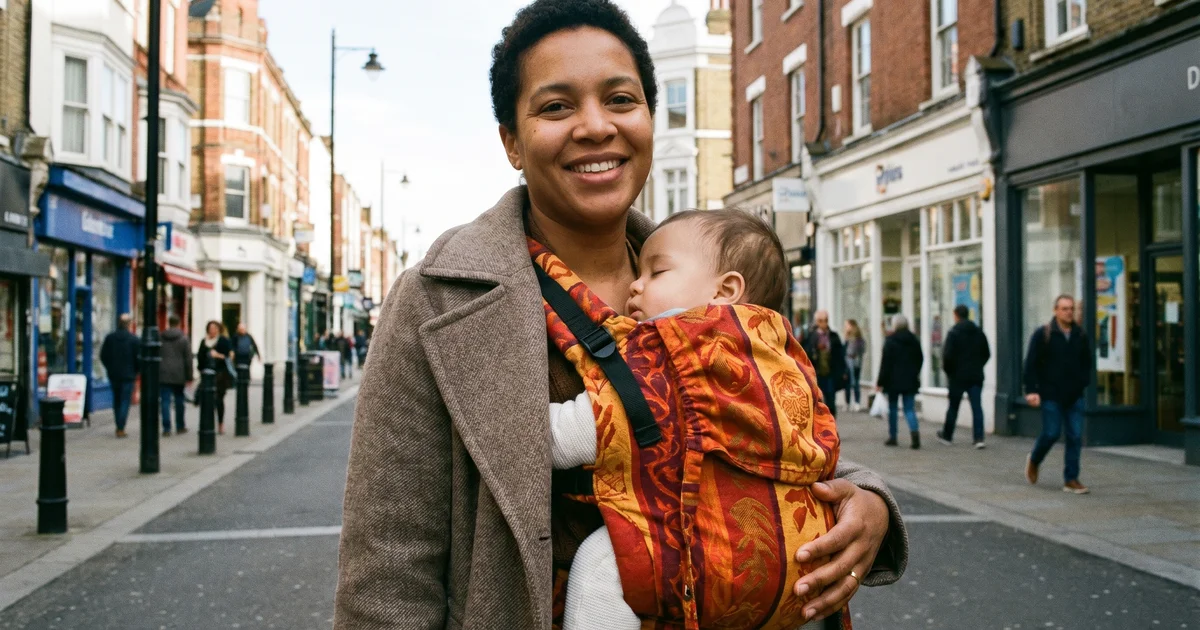 Tula baby carrier UK 2026 — parent carrying baby in structured buckle carrier on UK high street