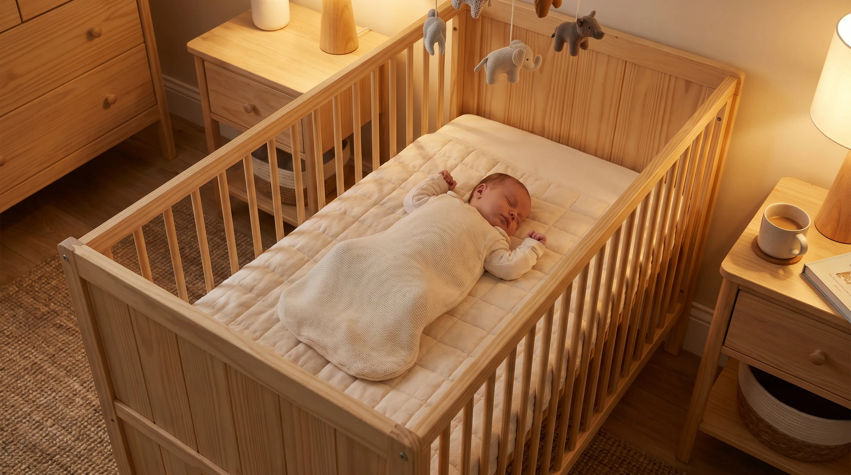 What to dress baby in at night UK 2026 — newborn sleeping in white sleeping bag in cot